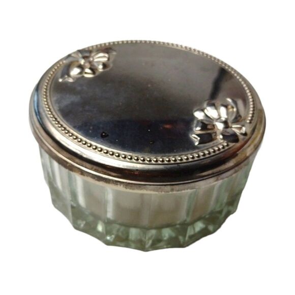 Vintage Vanity Glass Powder Box Powder Puff with Silver Plated Lid - Picture 1 of 10